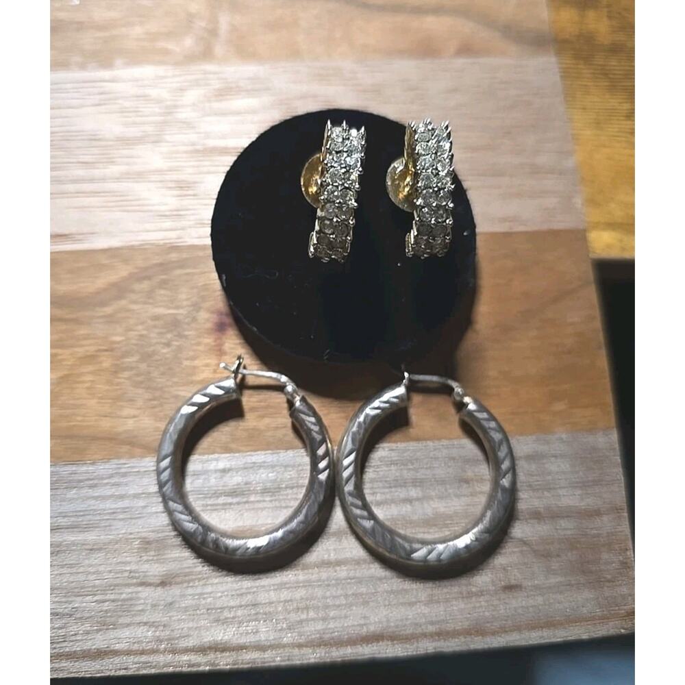 Pair of 2 Vtg Silver Tone Rhinestone Elegant Statement Hoop Earrings Jewelry